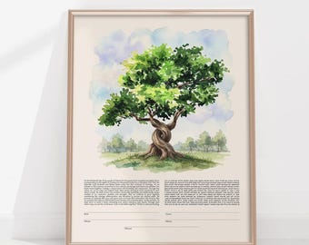May include: A framed watercolor print featuring a large tree with a twisted trunk in a grassy field under a blue sky. Below the tree, two columns of text are printed in English and Hebrew, with blank lines for signatures at the bottom of the page.