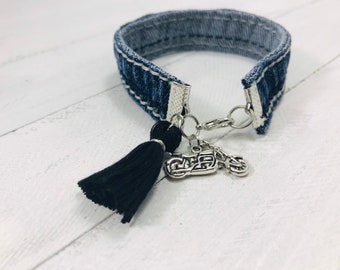 Denim blue jean bracelet leaf charm bracelet leaf toggle clasp boho bracelet gift for her