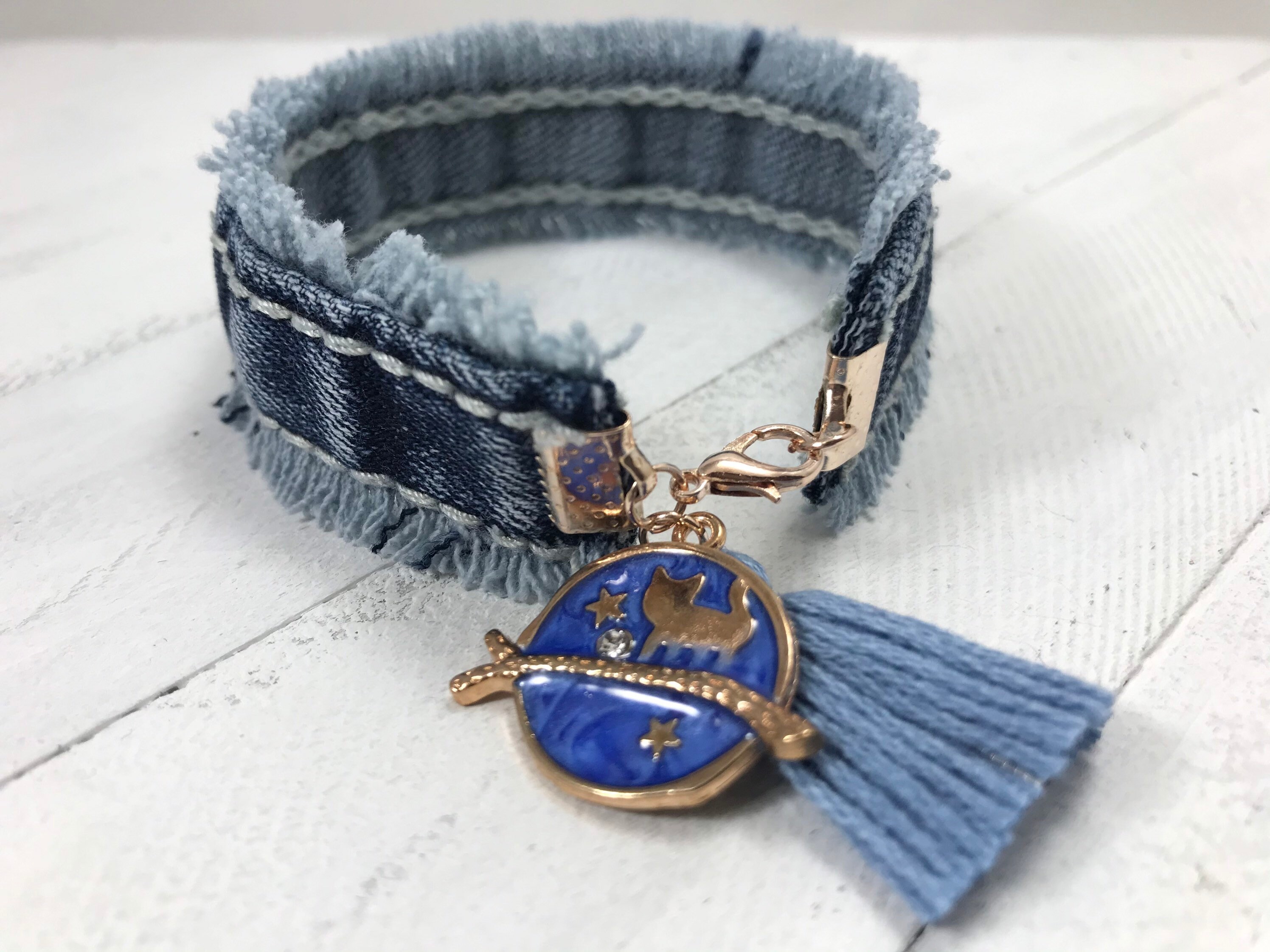 Denim bracelet with tassel Blue Jean Bracelet Casual Etsy