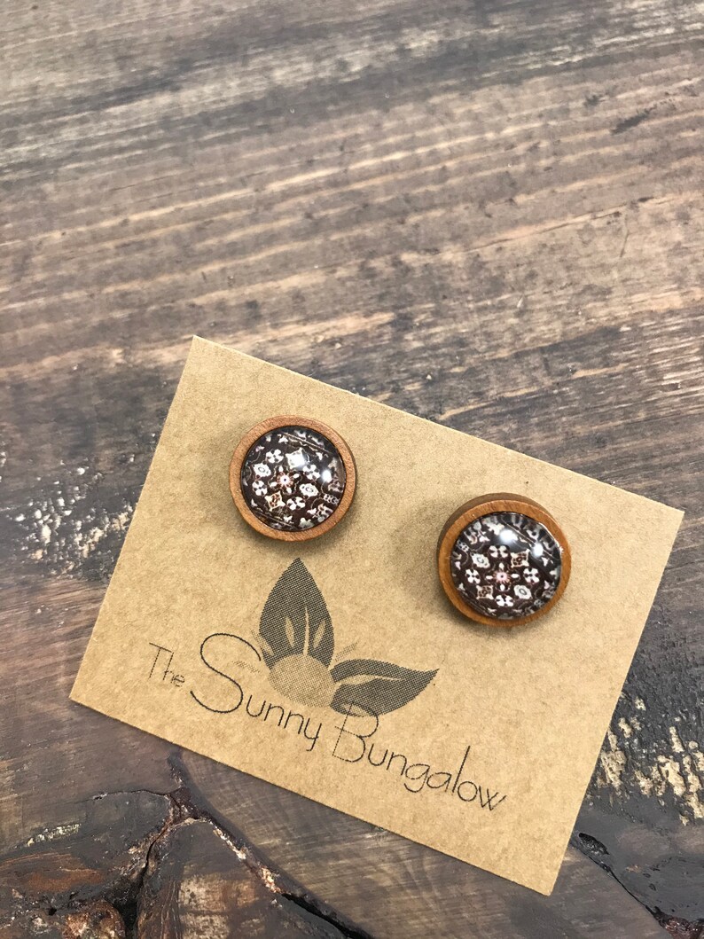 wood stud earrings thank you Brown and white earrings hostess gift sister gift rustic Jewelry