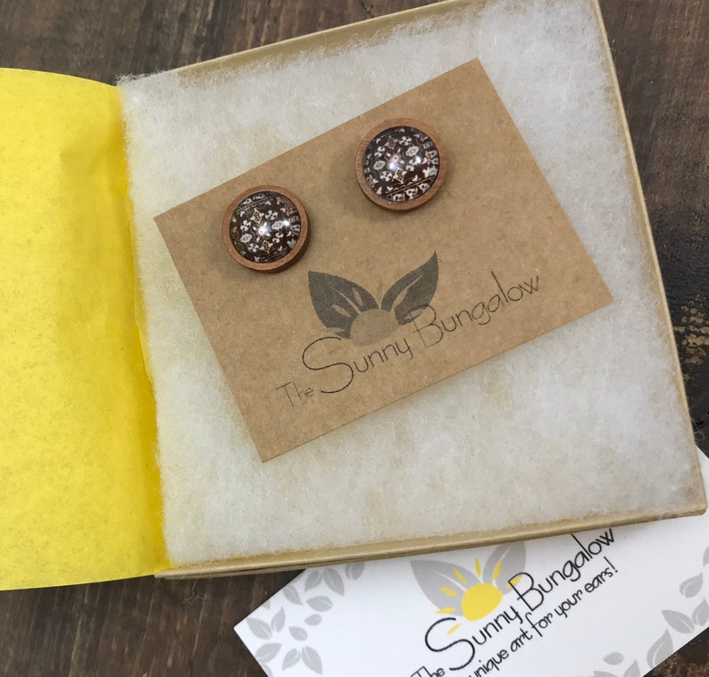 wood stud earrings thank you Brown and white earrings hostess gift sister gift rustic Jewelry