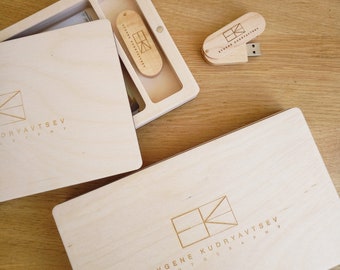 Wooden photo box for 4x6" prints, Photo packaging, Wedding memory box with USB flash drive.