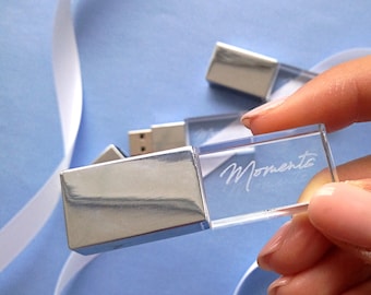 Silver crystal USB stick. Personalised USB flash drive engraved with logo or text. USB memory stick