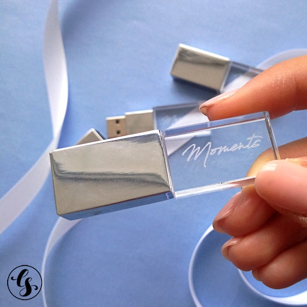 Silver crystal USB stick. Personalised USB flash drive engraved with logo or text. USB memory stick