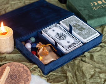 Dooshouder voor tarotkaarten - aangepaste fluwelen hoes voor 1-3 tarotkaarten, kristallen opbergdoos