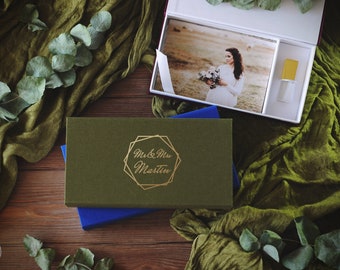 Custom Wedding Flash Drive Photo Memory Box, Personalized Linen Photo box 4x6, 5x7, 6x8, Wedding USB box