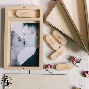Wedding Memory Box Wooden USB Flash Drive, Custom Photographer Logo Gift Photo Boxes 4x6 Prints USB Jump Drives