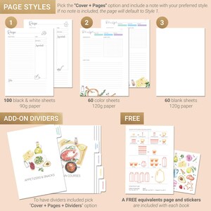 May include: Image shows recipe journal page styles, including black and white, color, and blank sheets. Add-on dividers and a free equivalents page with stickers are also displayed. The text reads "Pick the 'Cover + Pages' option and include a note with your preferred style."