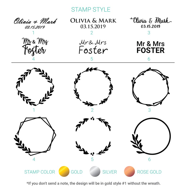 K&ouml;nnte beinhalten: Eine Grafik mit neun verschiedenen Stempelstilen f&uuml;r Hochzeitseinladungen. Die Stile umfassen einen Kranz, eine geometrische Form und einen einfachen Kreis. Der Text "Olivia & Mark" und "Mr & Mrs Foster" wird in verschiedenen Stilen angezeigt. Der Text "STAMP STYLE" und "STAMP COLOR" wird ebenfalls angezeigt. Die Farben Gold, Silber und Ros&eacute;gold werden angezeigt.