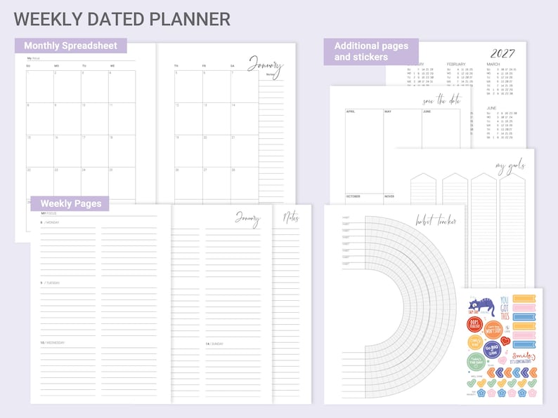 May include: A weekly dated planner set featuring monthly spreadsheets, weekly lined pages, a 2027 calendar, a habit tracker with a circular grid, goal setting sheets, and a sticker sheet with colorful icons and the text You Got This.