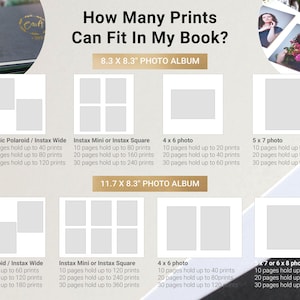 May include: An informational graphic displays photo album print capacity. The text reads "How Many Prints Can Fit In My Book?" with examples for 8.3 x 8.3" and 11.7 x 8.3" photo albums, detailing print sizes and page counts.