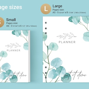 May include: Two planners with white covers featuring green eucalyptus leaf illustrations. The small planner is A6 size, 3 57/64 inches by 6 1/2 inches. The large planner is A5 size, 5 53/64 inches by 8 17/64 inches. Both feature the text PLANNER and get it done.