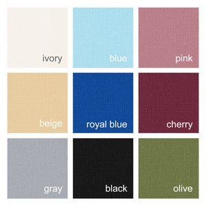 May include: A color chart with nine fabric swatches in various colors, including ivory, blue, pink, beige, royal blue, cherry, gray, black, and olive.