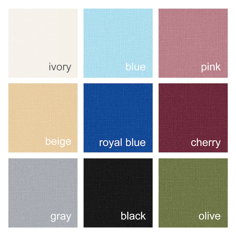 May include: A color chart with nine fabric swatches in various colors, including ivory, blue, pink, beige, royal blue, cherry, gray, black, and olive.