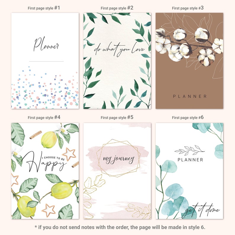 May include: Six planner cover designs featuring various illustrations: confetti, green leaves with 'do what you love', cotton branches on brown, lemons with 'I choose to be happy', pink brush strokes with 'my journey', and eucalyptus with 'planner get it done'.