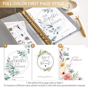 May include: A wedding planner binder with gold rings, featuring three cover page options: one with eucalyptus and the text "Our together is forever", one with a wreath and "SH*T JUST GOT REAL!", and one with colorful wildflowers and the word "Future".
