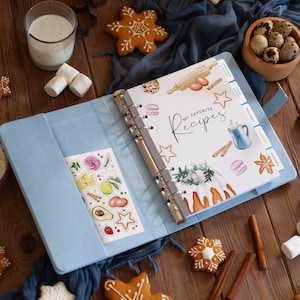 A5 Recipe Binder, 6-Ring Personalized Faux Leather Cover with Sleeves and Dividers, Custom Family Xmas Gift Blue