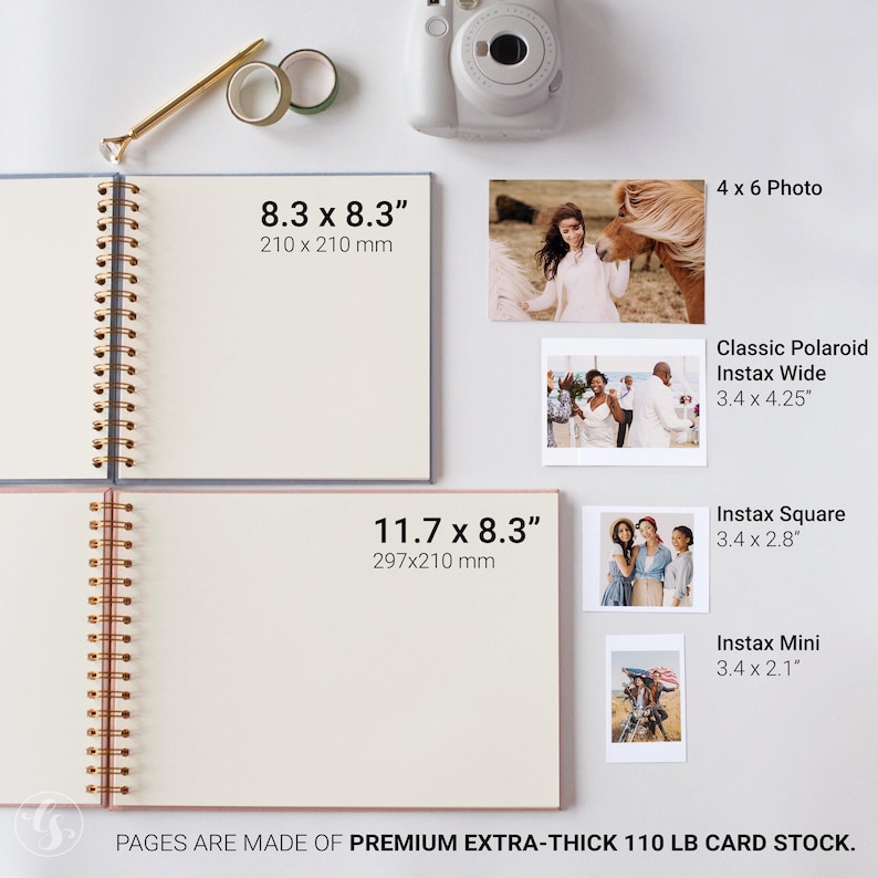 May include: A photo album with spiral binding, featuring blank pages and dimensions of 8.3 x 8.3 inches and 11.7 x 8.3 inches. The image includes various photo sizes, such as 4 x 6, Instax Wide, Square, and Mini. The text states the pages are made of premium extra-thick 110 lb card stock.