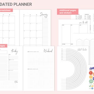 May include: A daily dated planner set featuring a monthly spreadsheet, daily pages for Friday and the weekend, a 2027 calendar, a save the date page, a goals page, a habit tracker with a circular design, and a sheet of colorful stickers.