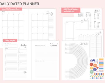 May include: A daily dated planner set featuring a monthly spreadsheet, daily pages for Friday and the weekend, a 2027 calendar, a save the date page, a goals page, a habit tracker with a circular design, and a sheet of colorful stickers.