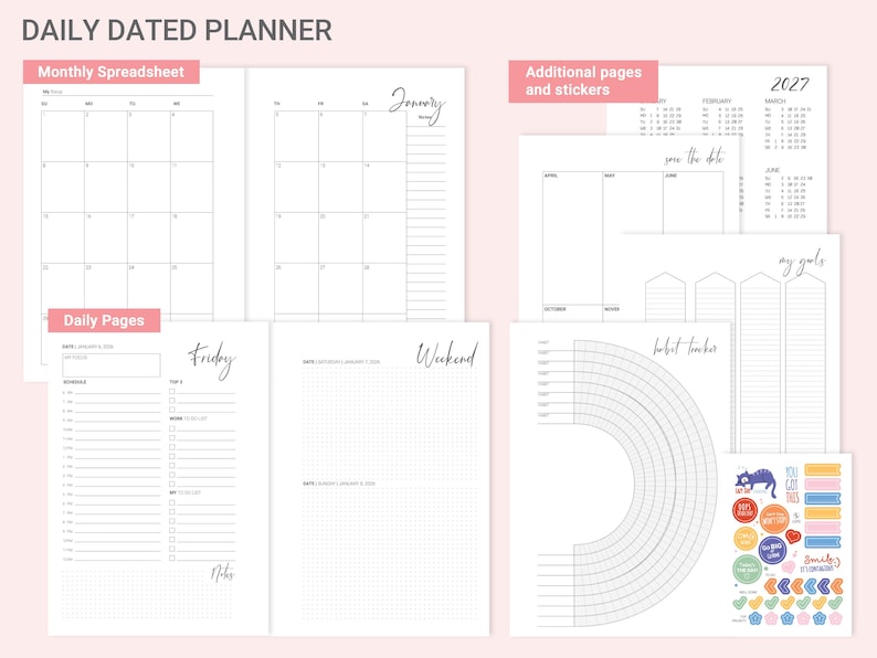 May include: A daily dated planner set featuring a monthly spreadsheet, daily pages for Friday and the weekend, a 2027 calendar, a save the date page, a goals page, a habit tracker with a circular design, and a sheet of colorful stickers.