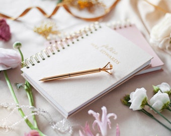 Ivory velvet wedding planner, personalized engagement gift planner for bride with gold pen, wedding notebook organaizer with checklist