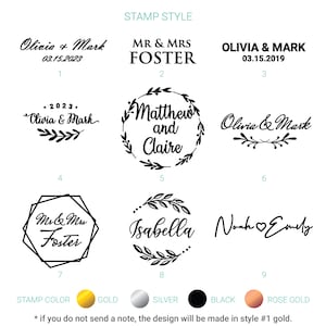 May include: Nine different stamp styles for wedding invitations. The styles include a simple script font, a wreath with leaves, a geometric shape, and a heart. The text on the stamps includes names, dates, and phrases like "Mr. & Mrs.", "Matthew and Claire", and "Noah & Emily".