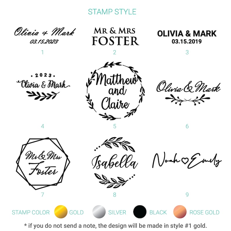 May include: Nine different stamp styles for wedding invitations. The styles include a simple script font, a wreath with leaves, a geometric shape, and a heart. The text on the stamps includes names, dates, and phrases like "Mr. & Mrs.", "Matthew and Claire", and "Noah & Emily".