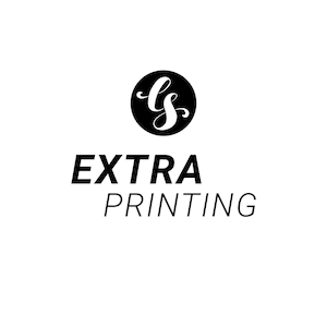 May include: Black and white logo for Extra Printing, featuring the letters "LS" in a stylized script font within a black circle.