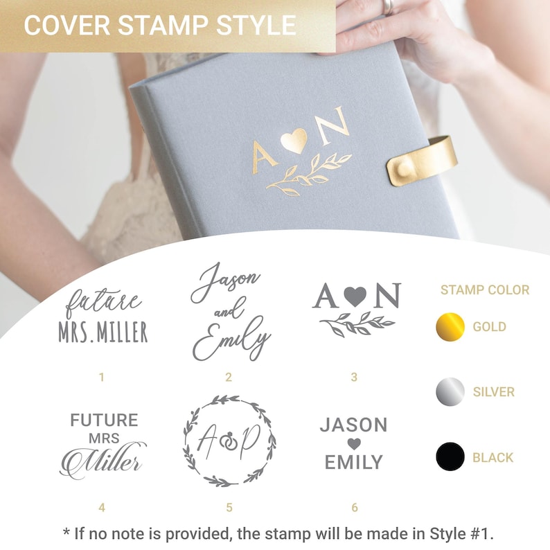 May include: A light gray photo album with a gold foil stamp featuring the letters A and N separated by a heart and a leaf sprig. The image displays six customizable stamp styles and three color options: gold, silver, and black foil.