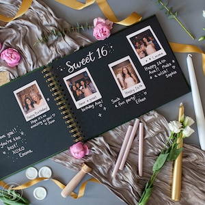 May include: An open black scrapbook with the words "Sweet 16" in white. The scrapbook contains photos and handwritten messages. Pink roses, candles, and ribbons surround the scrapbook, creating a celebratory atmosphere.
