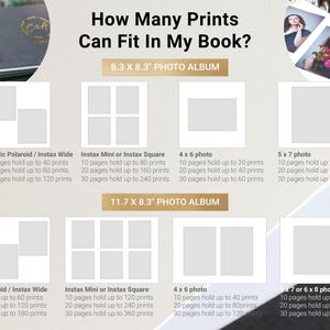 May include: An informational graphic displays photo album print capacity. The text reads "How Many Prints Can Fit In My Book?" with examples for 8.3 x 8.3" and 11.7 x 8.3" photo albums, detailing print sizes and page counts.