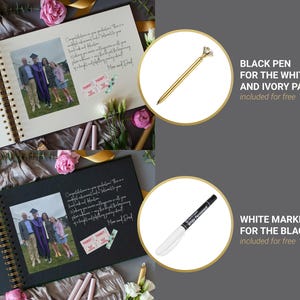 May include: A graduation-themed scrapbook with white and black pages, spiral binding, and a photo. Includes a gold pen with a diamond-shaped top for white pages and a white marker for black pages. The text reads "Congratulations on your graduation..." and "Mom and Dad."