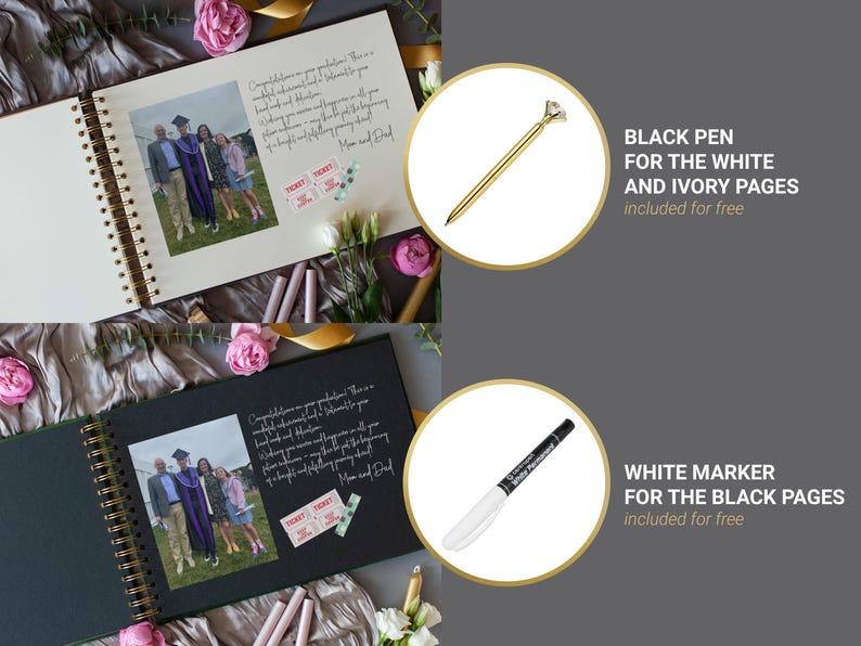 May include: A graduation-themed scrapbook with white and black pages, spiral binding, and a photo. Includes a gold pen with a diamond-shaped top for white pages and a white marker for black pages. The text reads "Congratulations on your graduation..." and "Mom and Dad."