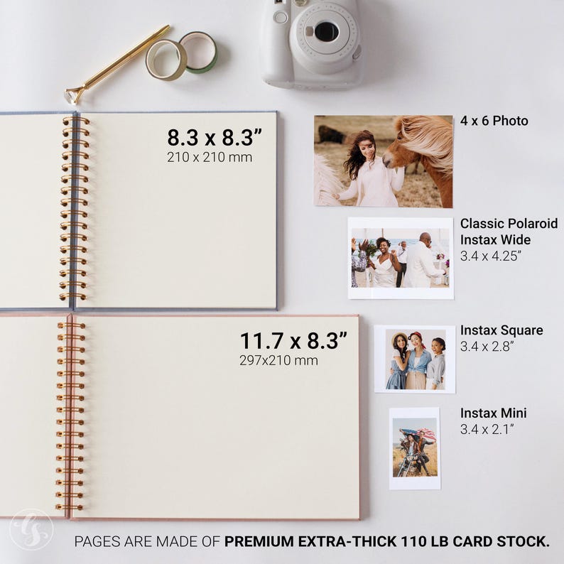May include: A photo album with spiral binding, open to blank pages. The album is shown with various photo sizes, including 4x6, Instax Wide, Square, and Mini. Text on the image reads "PAGES ARE MADE OF PREMIUM EXTRA-THICK 110 LB CARD STOCK."