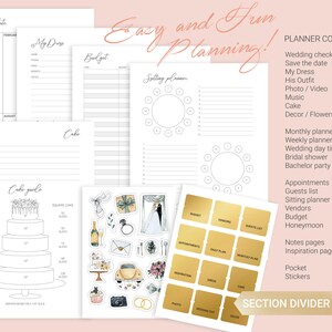 May include: A wedding planner set featuring white paper pages with black text and line art, including a cake guide, seating planner, and budget sheets. The set includes a sheet of colorful wedding-themed stickers and gold adhesive section divider stickers.