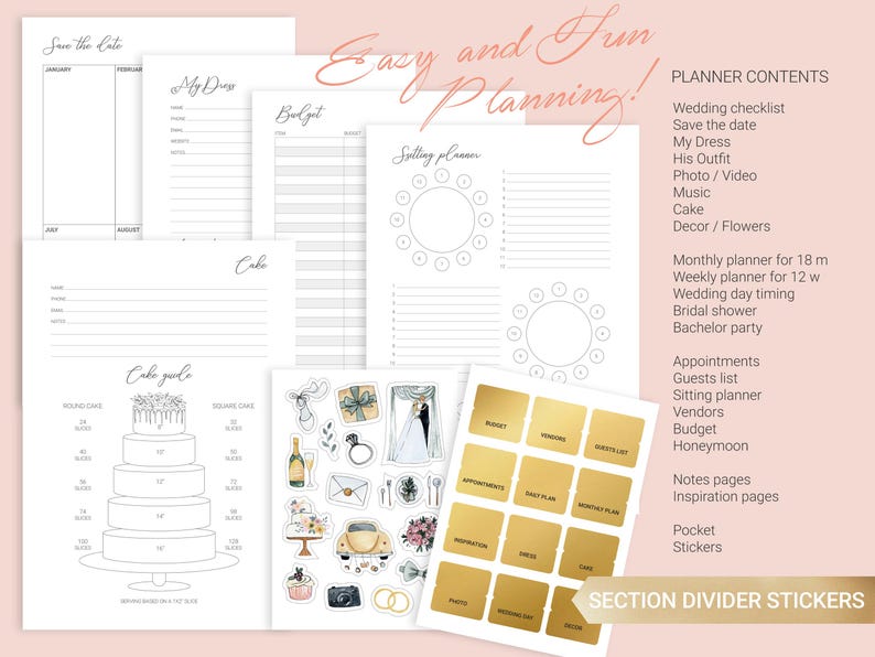 May include: A wedding planner set featuring white paper pages with black text and line art, including a cake guide, seating planner, and budget sheets. The set includes a sheet of colorful wedding-themed stickers and gold adhesive section divider stickers.