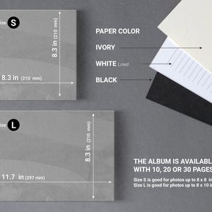 May include: Image showing two gray albums with spiral binding, labeled "S" and "L". Dimensions are provided in inches and millimeters. Paper color options are ivory, white (lined), and black. Text states the album is available with 10, 20, or 30 pages.