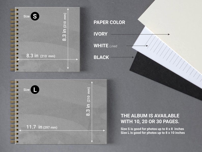 May include: Image showing two gray albums with spiral binding, labeled "S" and "L". Dimensions are provided in inches and millimeters. Paper color options are ivory, white (lined), and black. Text states the album is available with 10, 20, or 30 pages.