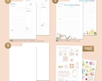 May include: A set of recipe pages for a recipe journal. The pages are divided into sections for the recipe title, ingredients, instructions, and notes. There are 100 black and white pages, 60 color pages, and 60 blank pages. A free page with kitchen equivalents and stickers are included.