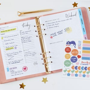 May include: A pink six-ring binder planner open to Friday and Saturday pages with handwritten notes, a gold pen with a diamond-shaped topper, and a sheet of colorful stickers featuring various shapes, icons, and motivational text like You Got This.