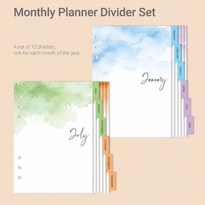 May include: A monthly planner divider set featuring 12 dividers with watercolor washes in blue, green, and orange. Each divider has a tab labeled with a month of the year. The text reads Monthly Planner Divider Set and A set of 12 dividers.