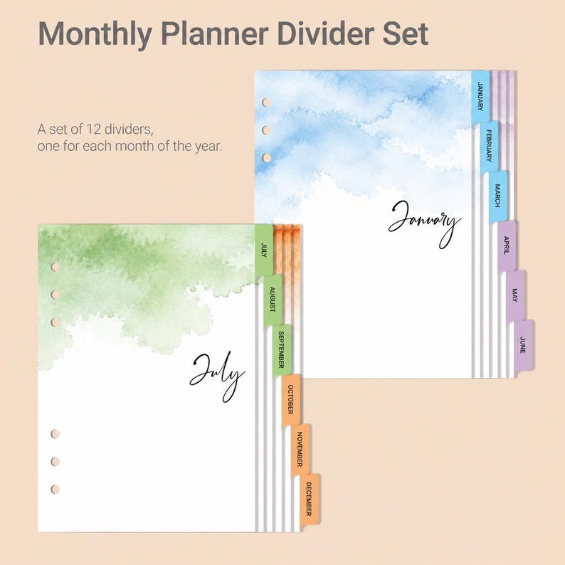 May include: A monthly planner divider set featuring 12 dividers with watercolor washes in blue, green, and orange. Each divider has a tab labeled with a month of the year. The text reads Monthly Planner Divider Set and A set of 12 dividers.