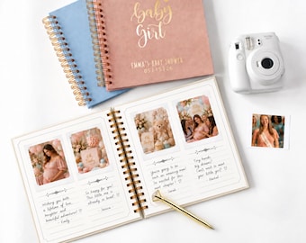 Baby Shower Guest Book Girl - Personalized Polaroid Photo GuestBook Velvet Pink and Gold