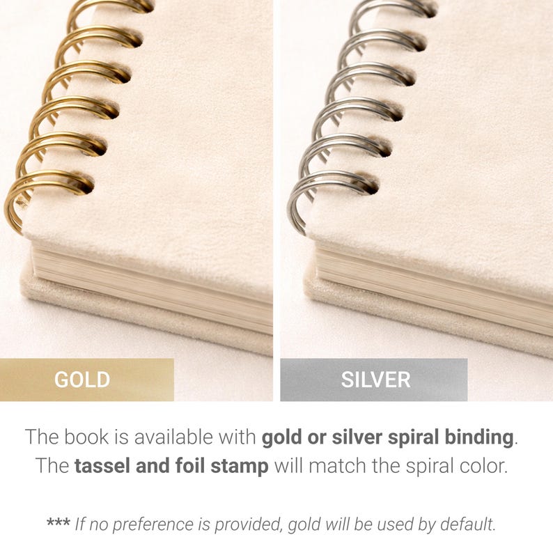 May include: Close-up of a cream-colored notebook with a gold spiral binding. The notebook has a soft, textured cover. The text "GOLD" is below the notebook. The text "SILVER" is below a similar notebook with a silver spiral binding.