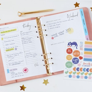 May include: A pink six-ring binder planner open to Friday and Saturday pages with handwritten notes, a gold pen with a diamond-shaped topper, and a sheet of colourful stickers featuring various shapes, icons, and motivational text like You Got This.