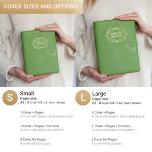 May include: Two green recipe books, labeled "AMELIA'S RECIPES", are displayed. The small book is 3 57/64" x 6 1/2" and the large book is 5 53/64" x 8 17/64". The image shows cover size options, including covers with or without pages and dividers.