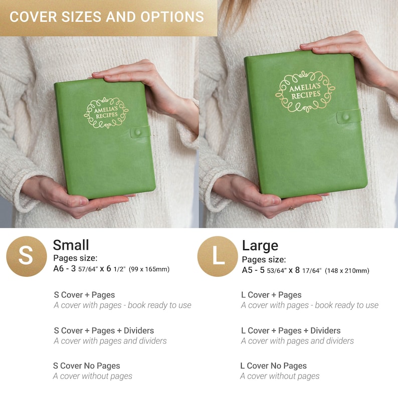 May include: Two green recipe books, labeled "AMELIA'S RECIPES", are displayed. The small book is 3 57/64" x 6 1/2" and the large book is 5 53/64" x 8 17/64". The image shows cover size options, including covers with or without pages and dividers.