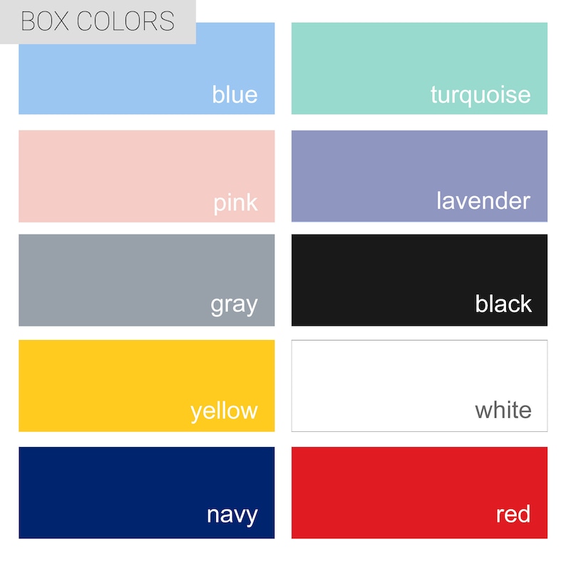K&ouml;nnte beinhalten: Ein Diagramm mit 10 verschiedenen Farben und ihren Namen: Blau, T&uuml;rkis, Rosa, Lavendel, Grau, Schwarz, Gelb, Wei&szlig;, Marineblau und Rot.