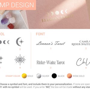 May include: A chart showing different stamp designs for a tarot card reader. The chart includes four symbols: a crescent moon with a star, three moons, a starburst, and an eye with rays. The chart also includes four fonts: Lennon's Tarot, Camila's Rider-Waite Tarot, Rider-Waite Tarot, and Chloe. The chart also shows four stamp colors: gold, silver, black, and rose gold.